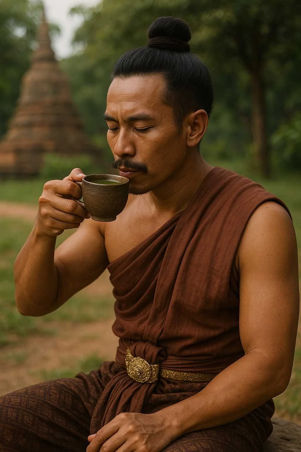 Traditional Thai man drinking kratom tea in a historical setting, representing centuries-old cultural use of kratom for wellness, focus, and daily labor in Southeast Asia.