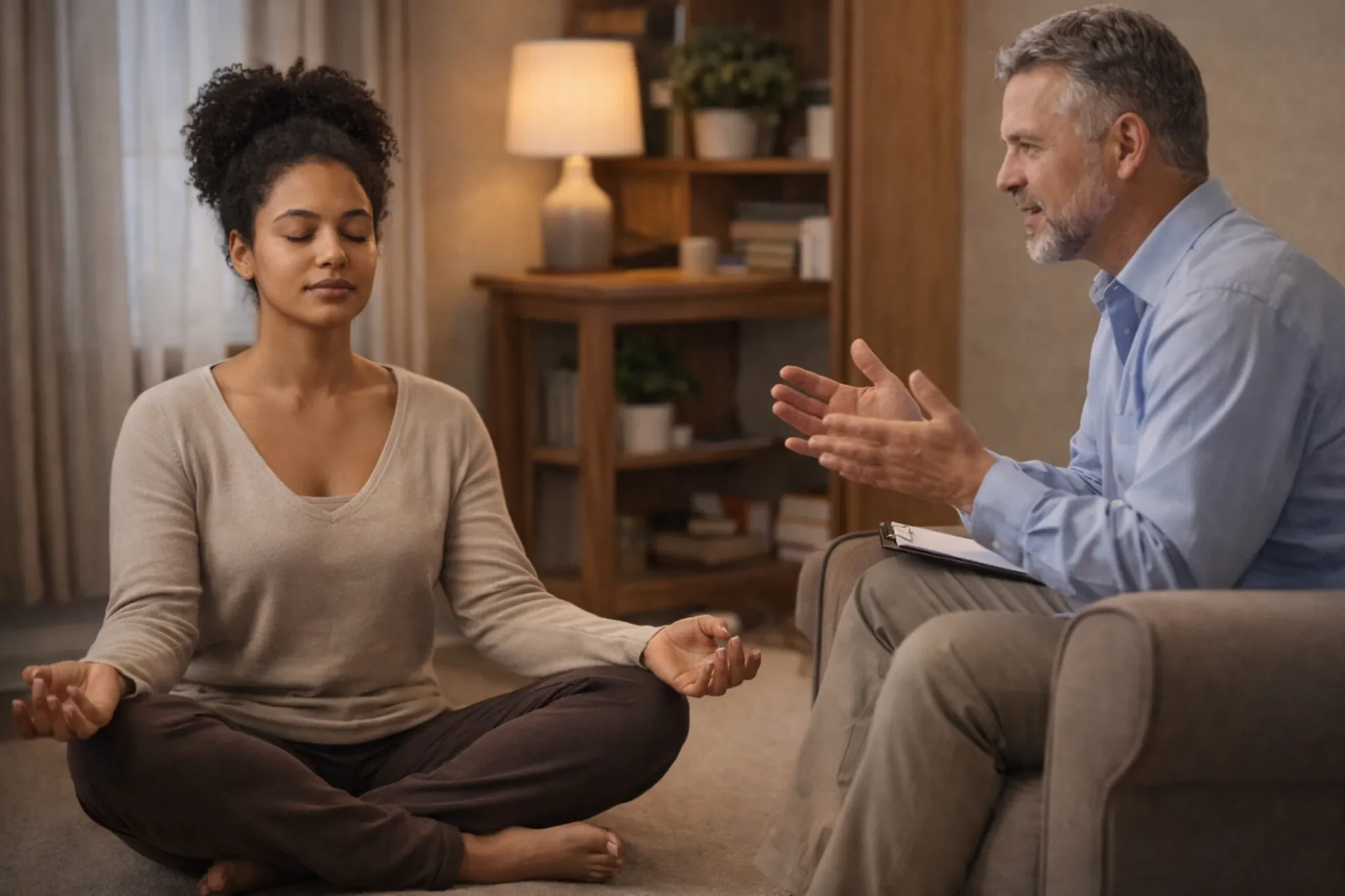 Therapist guiding a woman through guided imagery meditation in a calm office setting, illustrating professional support for stress reduction and addiction recovery.