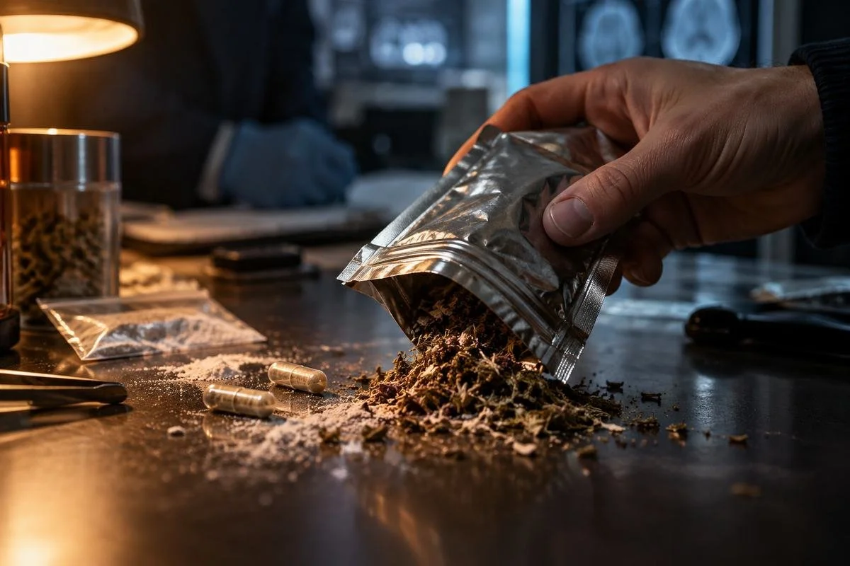 Opened Spice-style herbal product spilling mixed plant material and powder to represent unexpected or changing ingredients in synthetic drug products.