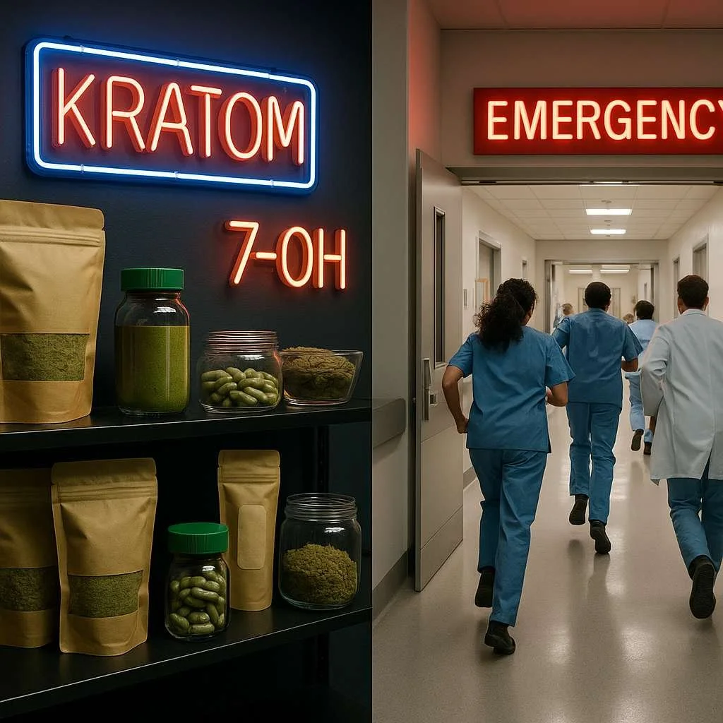 Kratom and 7-OH products displayed in a vape shop transitioning into a hospital emergency room, illustrating the health risks and overdose dangers associated with kratom extracts