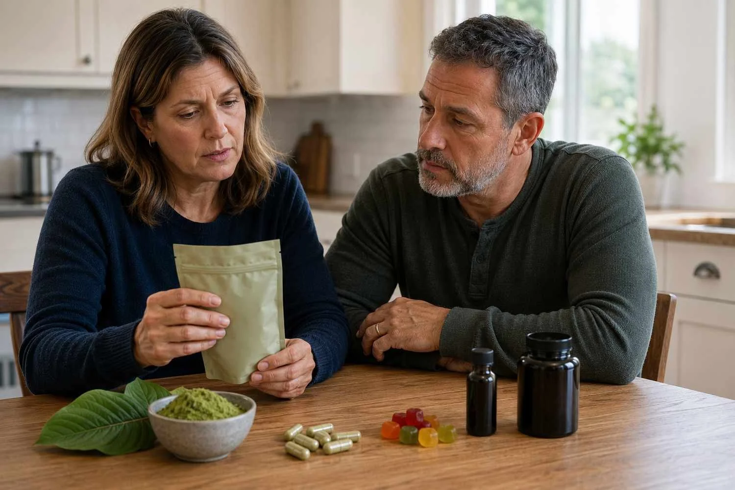 Concerned family members reviewing an unlabeled supplement pouch with kratom powder, capsules, gummies, and bottles on a kitchen table, representing product confusion and safety concerns.