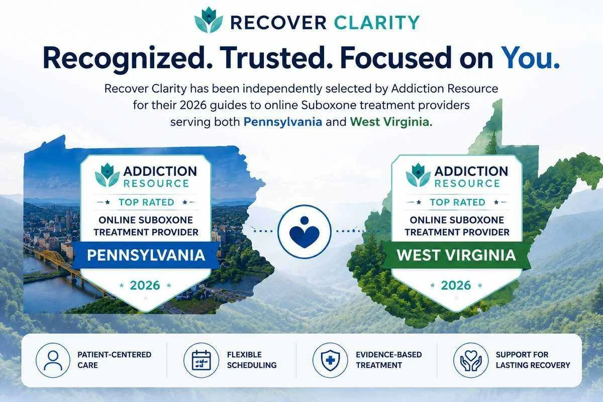 Recover Clarity featured by Addiction Resource in its 2026 online Suboxone provider guides for Pennsylvania and West Virginia.