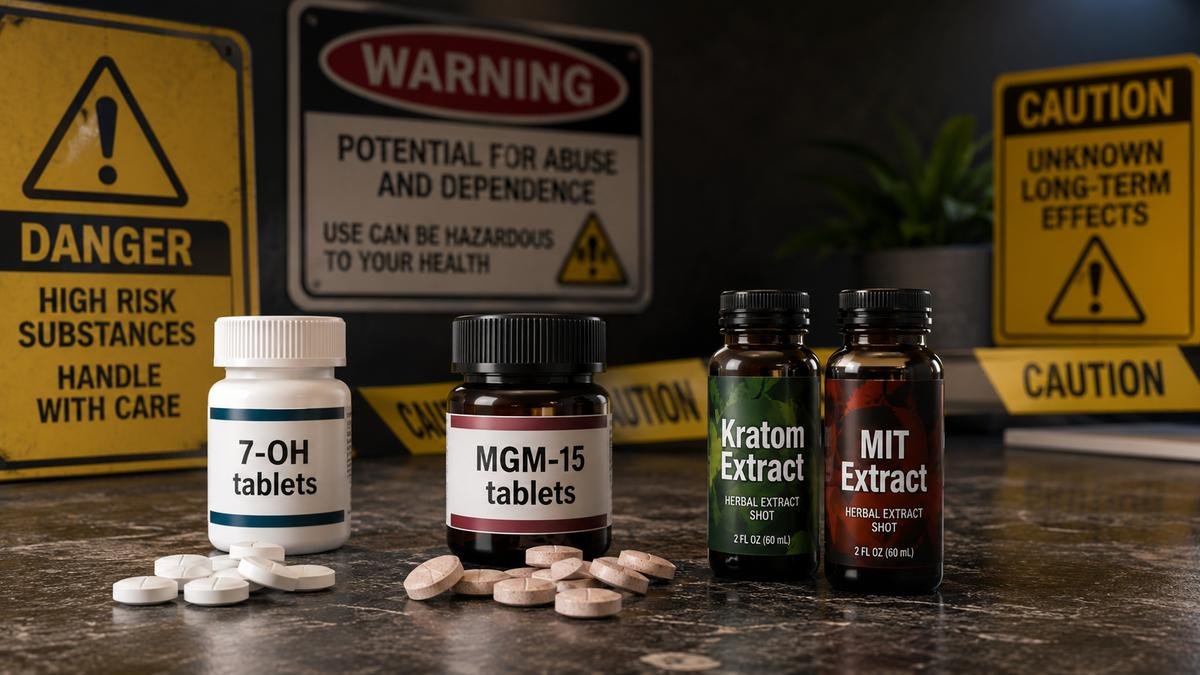 7-OH tablets, MGM-15 tablets, and liquid kratom and MIT extracts displayed on a counter with danger and caution signs.