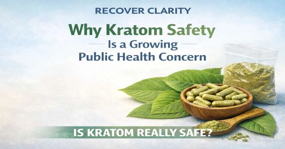 Recover Clarity educational image explaining why kratom safety is a growing public health concern, featuring kratom leaves, capsules, and powder.