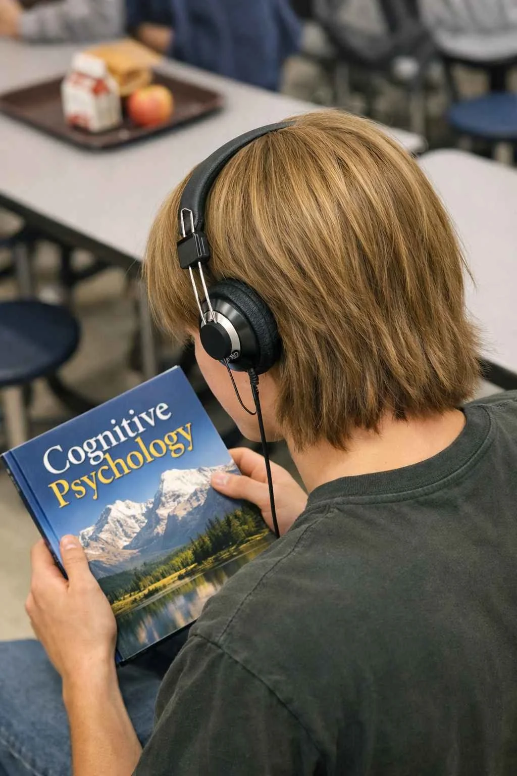 High school student with long dirty blonde hair wearing 1990s-style headphones reading a Cognitive Psychology textbook in a school cafeteria.