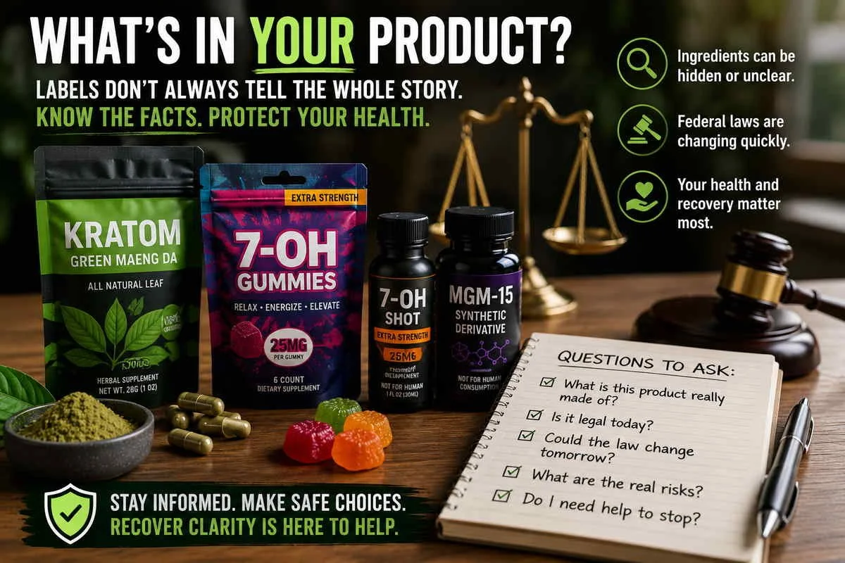 Kratom, 7-OH gummies, 7-OH shot, and MGM-15 products displayed with legal scales, a gavel, and safety questions about product ingredients, legal status, and health risks.