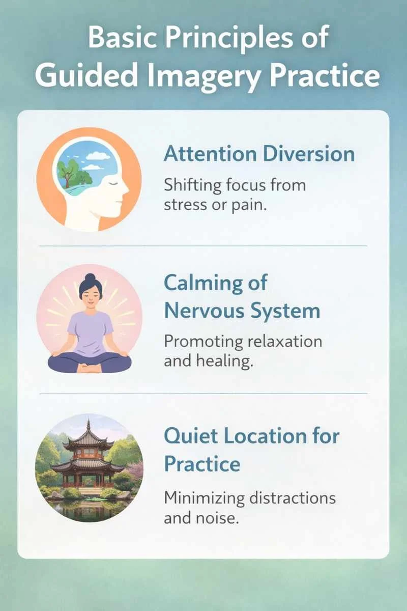 Infographic explaining the basic principles of guided imagery practice, including attention diversion, calming of the nervous system, and choosing a quiet location.