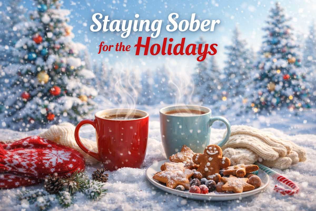 Winter holiday scene with hot cocoa mugs and festive treats representing staying sober and healthy during the Christmas and New Year holidays.