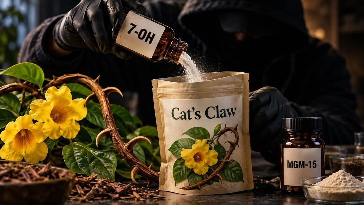 Illustration of 7-OH and MGM-15 being added to a Cat’s Claw product, highlighting concerns about adulterated Cat’s Claw supplements.