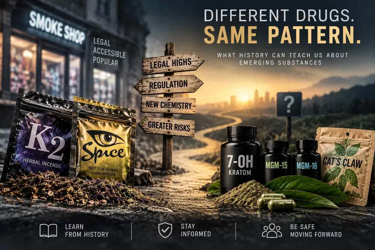 K2 and Spice compared with 7-OH, MGM-15, MGM-16, and Cat’s Claw to show how emerging drug markets can change after regulation