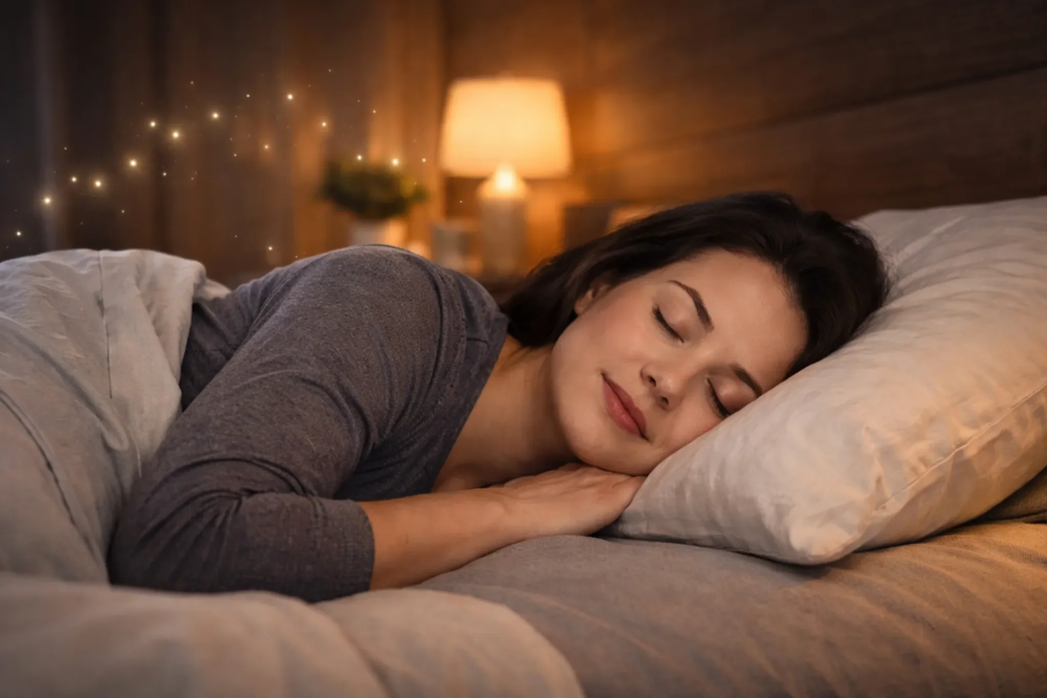 Peaceful woman sleeping comfortably in bed, representing how guided imagery supports relaxation, sleep quality, and nervous system regulation during addiction recovery.