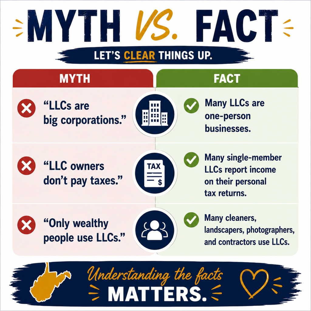 Myth vs. fact infographic explaining that LLCs do not mean a business is profitable, highlighting how many West Virginia LLCs are small one-person businesses that report income on personal tax returns.