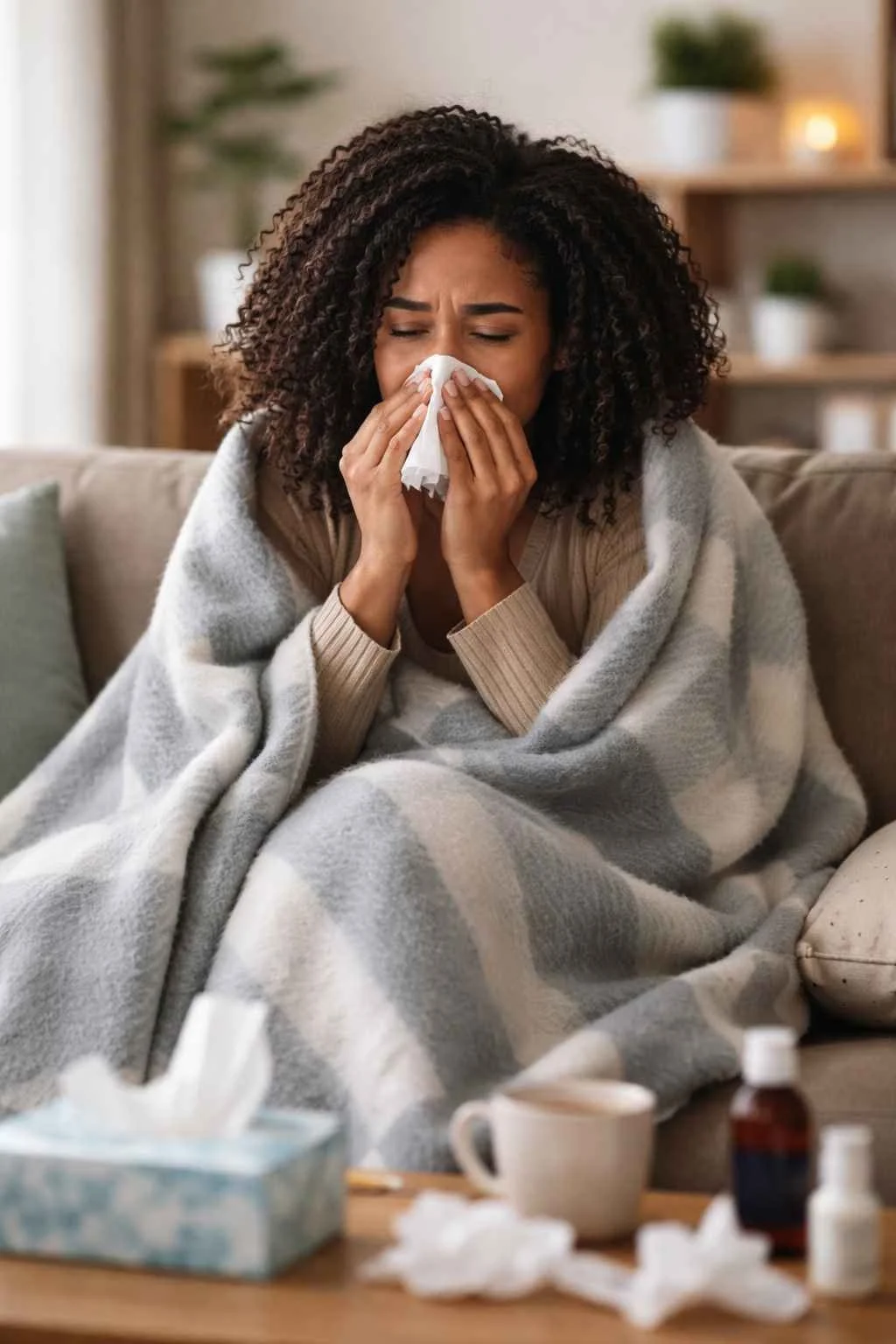 African American woman sitting on a couch wrapped in a blanket, blowing her nose into a tissue while feeling kratom withdrawal in a living room.