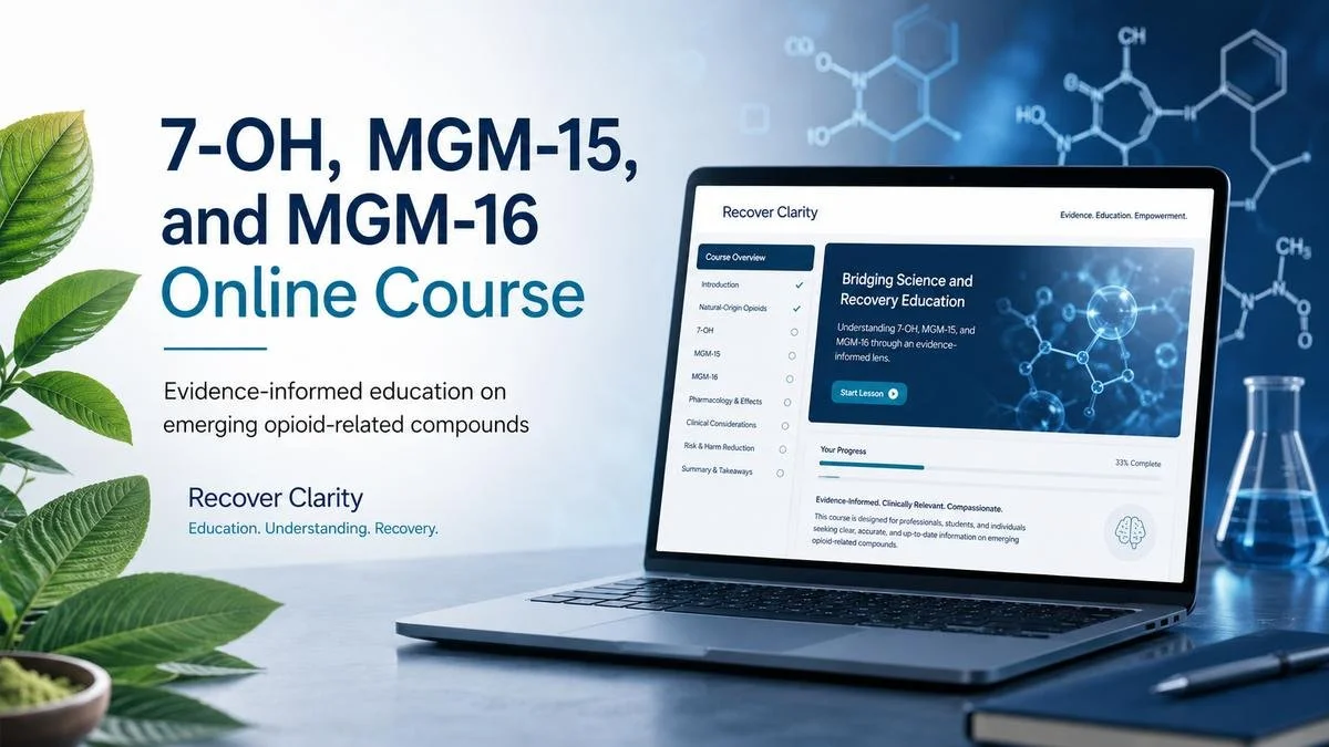 7-OH, MGM-15, and MGM-16 online course banner featuring a digital learning platform, kratom leaves, and scientific imagery