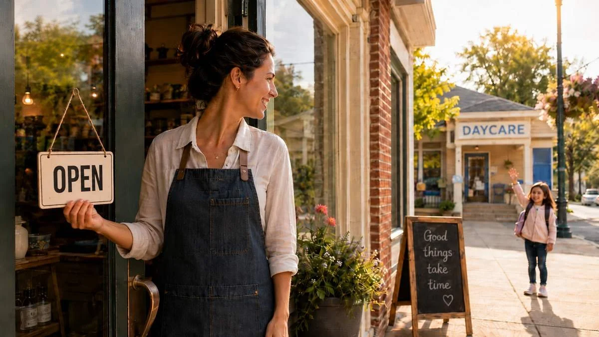 West Virginia LLC owner opening her small business after child care drop-off while her child waves from daycare, representing how child care supports self-employment, recovery stability, and small business parents in West Virginia.