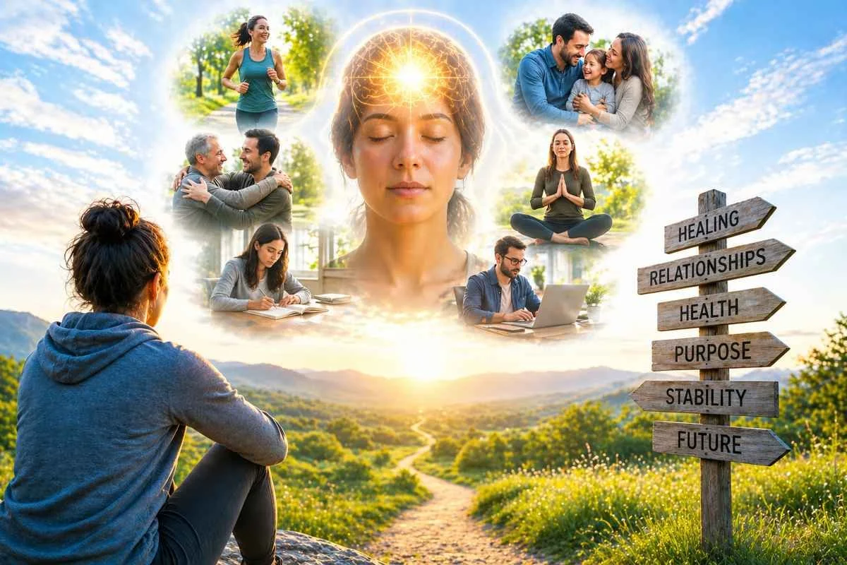 Bright recovery visualization scene showing a person imagining improved health, relationships, purpose, and future goals in a peaceful landscape.