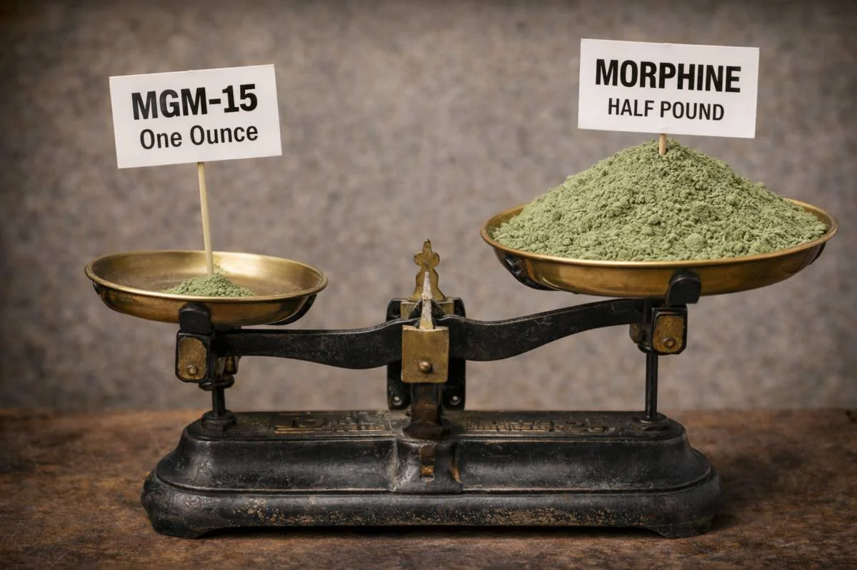 Balance scale comparing MGM-15 one ounce to morphine half pound, illustrating potency comparison between a novel opioid and morphine.
