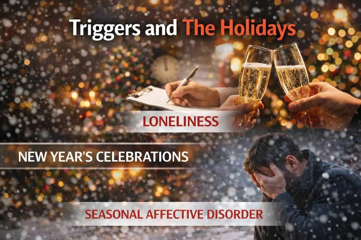 Holiday addiction triggers infographic highlighting loneliness, New Year’s celebrations, and seasonal affective disorder as risk factors during winter.
