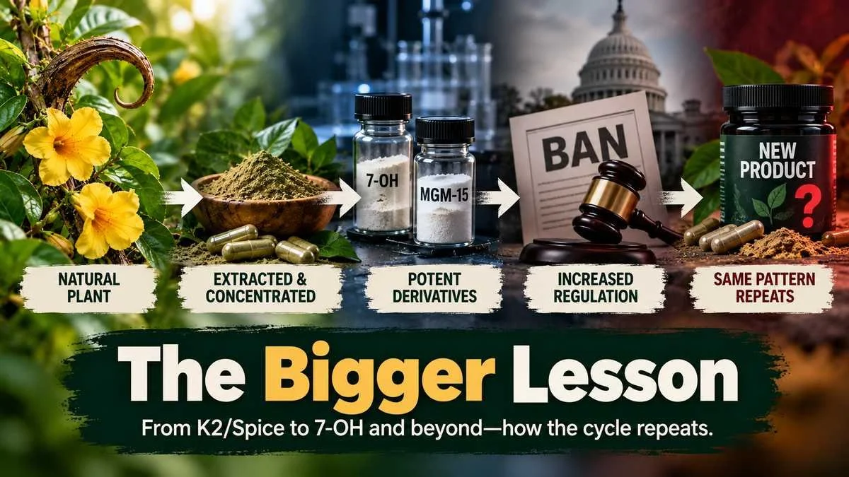 Infographic showing the cycle from natural plant use to concentrated 7-OH and MGM-15 products, regulation, and the emergence of new substitutes.