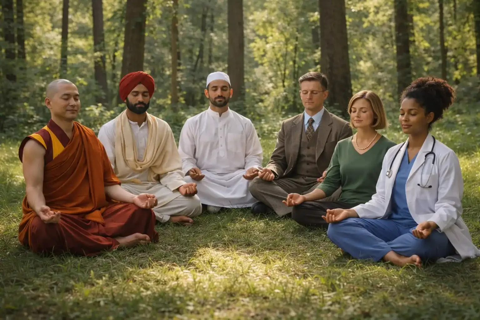Diverse group practicing guided imagery meditation in a forest, showing cultural and historical roots of visualization techniques used in modern addiction recovery and stress management.