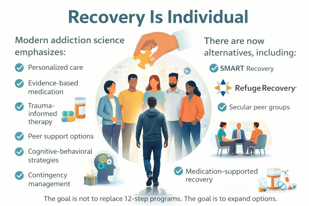 Infographic titled “Recovery Is Individual” highlighting personalized addiction treatment options including evidence-based medication, trauma-informed therapy, SMART Recovery, secular peer groups, and medication-supported recovery.