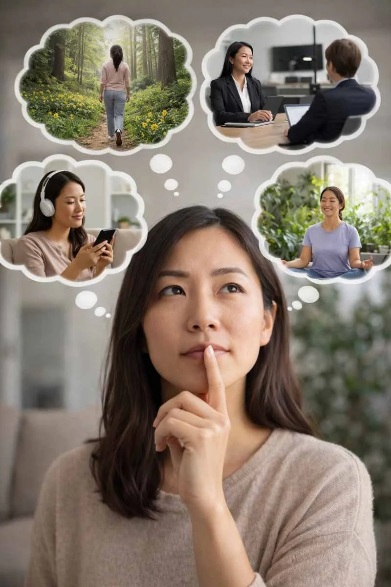 Asian American woman deep in thought with multiple thought bubbles showing nature visualization, job interview preparation, relaxation with headphones, and meditation, illustrating guided imagery practice.