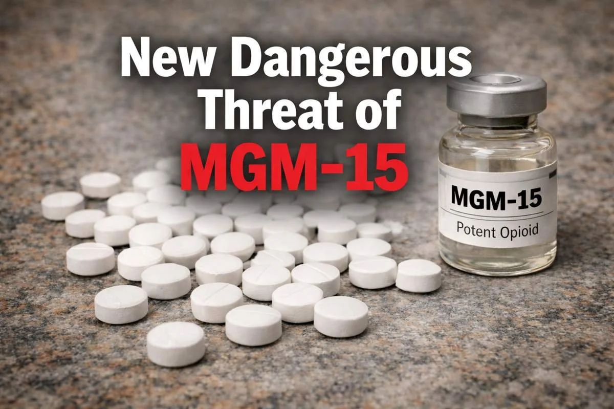 Image showing MGM-15 labeled as a potent opioid beside white tablets with headline text reading “New Dangerous Threat of MGM-15,” highlighting addiction and public health risks.