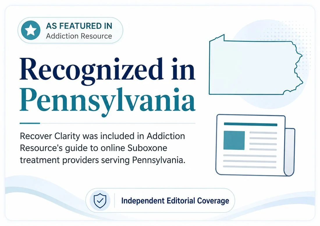Recover Clarity featured by Addiction Resource among online Suboxone treatment providers in Pennsylvania.