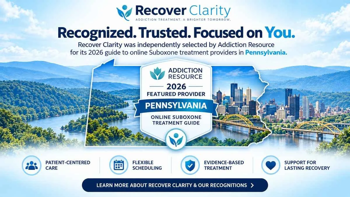 Recover Clarity recognized by Addiction Resource in its 2026 Pennsylvania online Suboxone treatment provider guide.