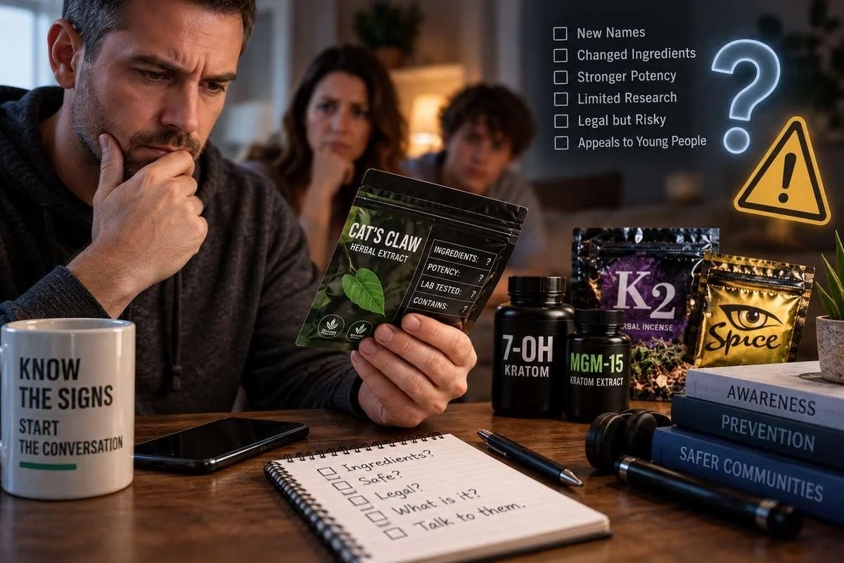 Family reviewing Cat’s Claw, 7-OH, MGM-15, K2, and Spice products to identify changing ingredients, potency, and potential safety risks.