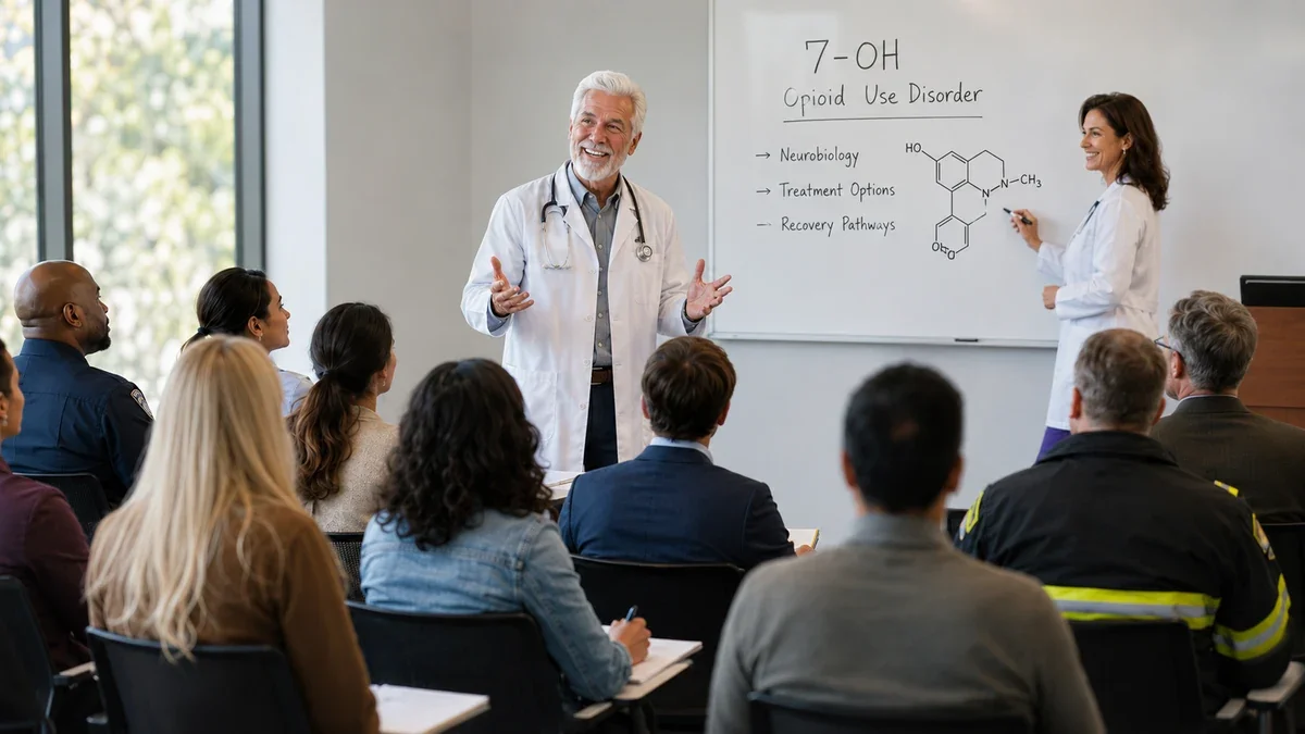 Two physicians teach a diverse classroom about 7-OH, opioid use disorder, treatment options, and recovery pathways.