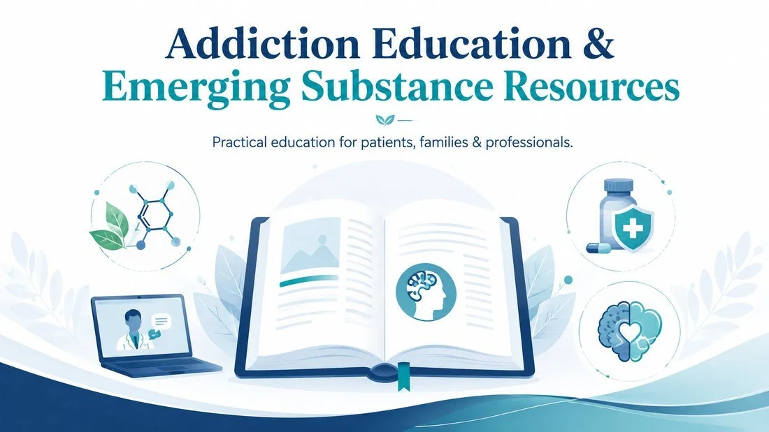 Recover Clarity addiction education and emerging substance resources graphic featuring treatment, telehealth, recovery, and 7-OH and kratom education.