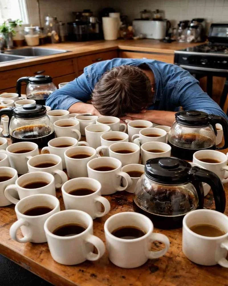 Exhausted person resting their head on a kitchen table surrounded by many cups of coffee, illustrating fatigue and the potential effects of excessive caffeine use.