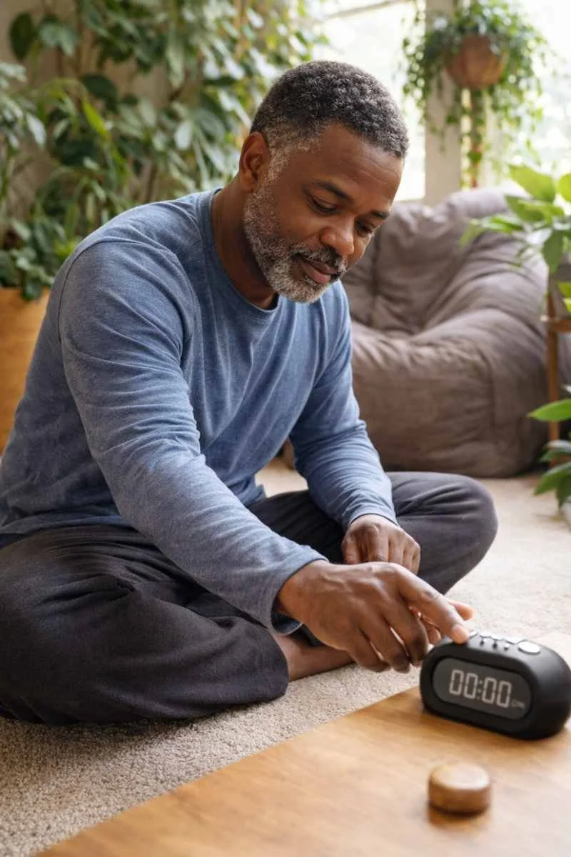 Man sitting calmly indoors while setting a timer to begin a guided imagery practice, preparing a quiet and relaxing environment.