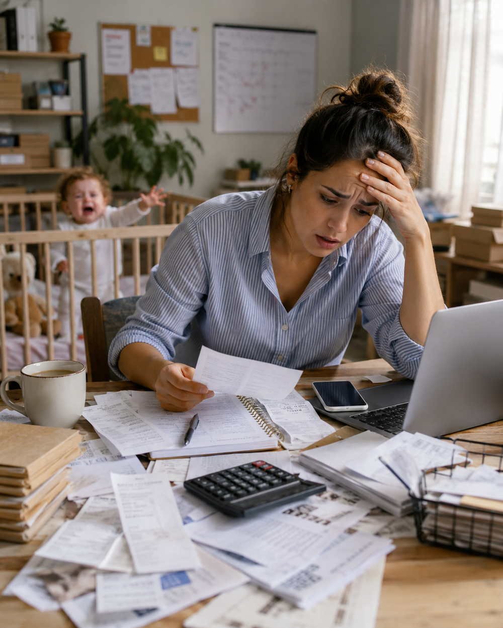 Stressed mother working on invoices and computer tasks at a cluttered desk while a young child stands in a crib behind her, illustrating how essential child care is to business continuity and small business operations.