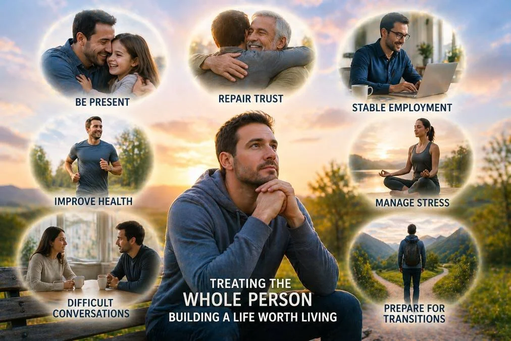 Inspirational recovery image showing whole-person healing with family connection, employment, health, stress management, and life transitions through guided imagery.