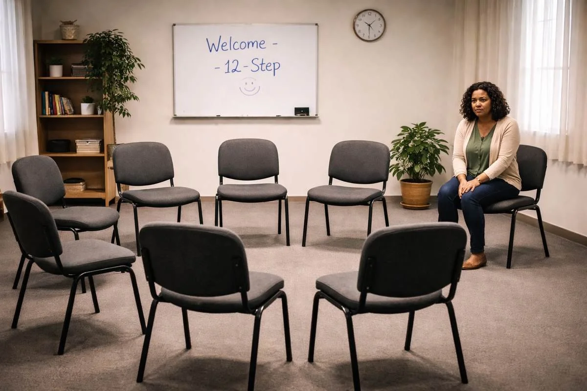 Middle-aged Black woman sitting alone beside a circle of empty chairs in a 12-step meeting room with a whiteboard reading “Welcome - 12-Step,” symbolizing confusion or feeling isolated in group recovery settings.