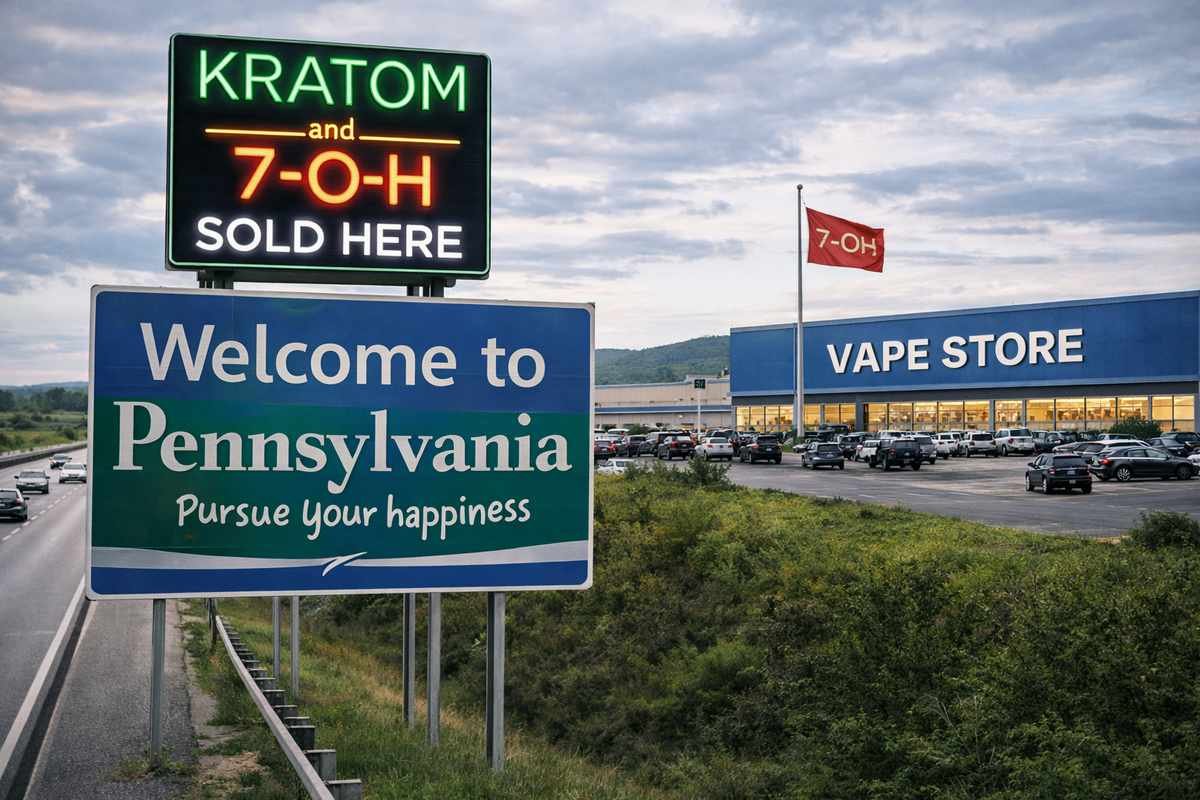 Highway entrance sign reading Welcome to Pennsylvania with neon Kratom and 7-O-H sold here above it and large vape store building in the distance displaying 7-O-H flag.