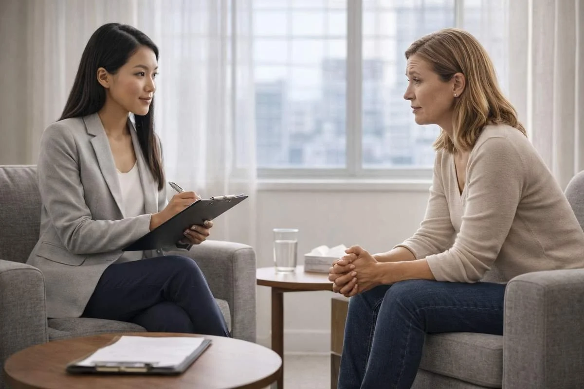 Woman receiving addiction counseling during a therapy session with a professional therapist in a calm clinical office setting.