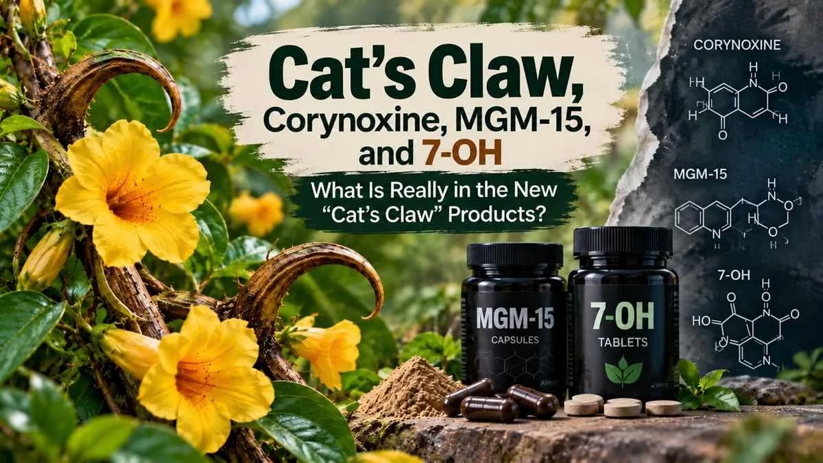 Cat’s Claw flowers with corynoxine, MGM-15, and 7-OH product imagery illustrating emerging opioid-active compounds.