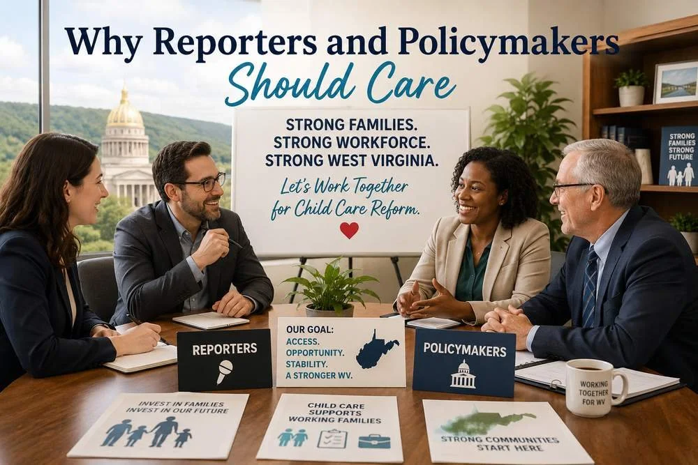 Reporters and policymakers meeting in support of West Virginia child care subsidy reform, representing collaboration for working families, small businesses, and stronger communities.