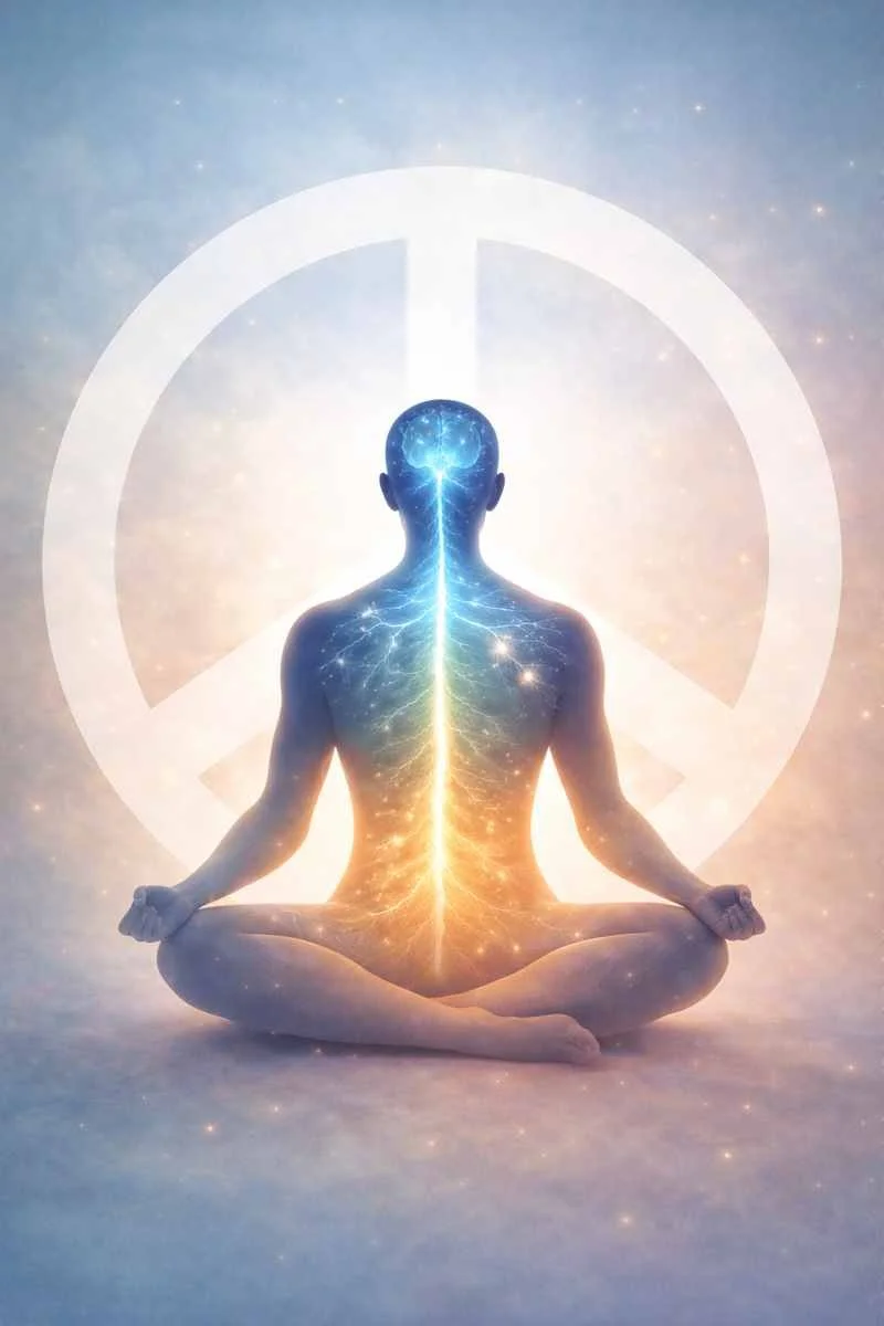 Meditating silhouette with glowing neural pathways and a large peace sign in the background, symbolizing calming of the nervous system through guided imagery.