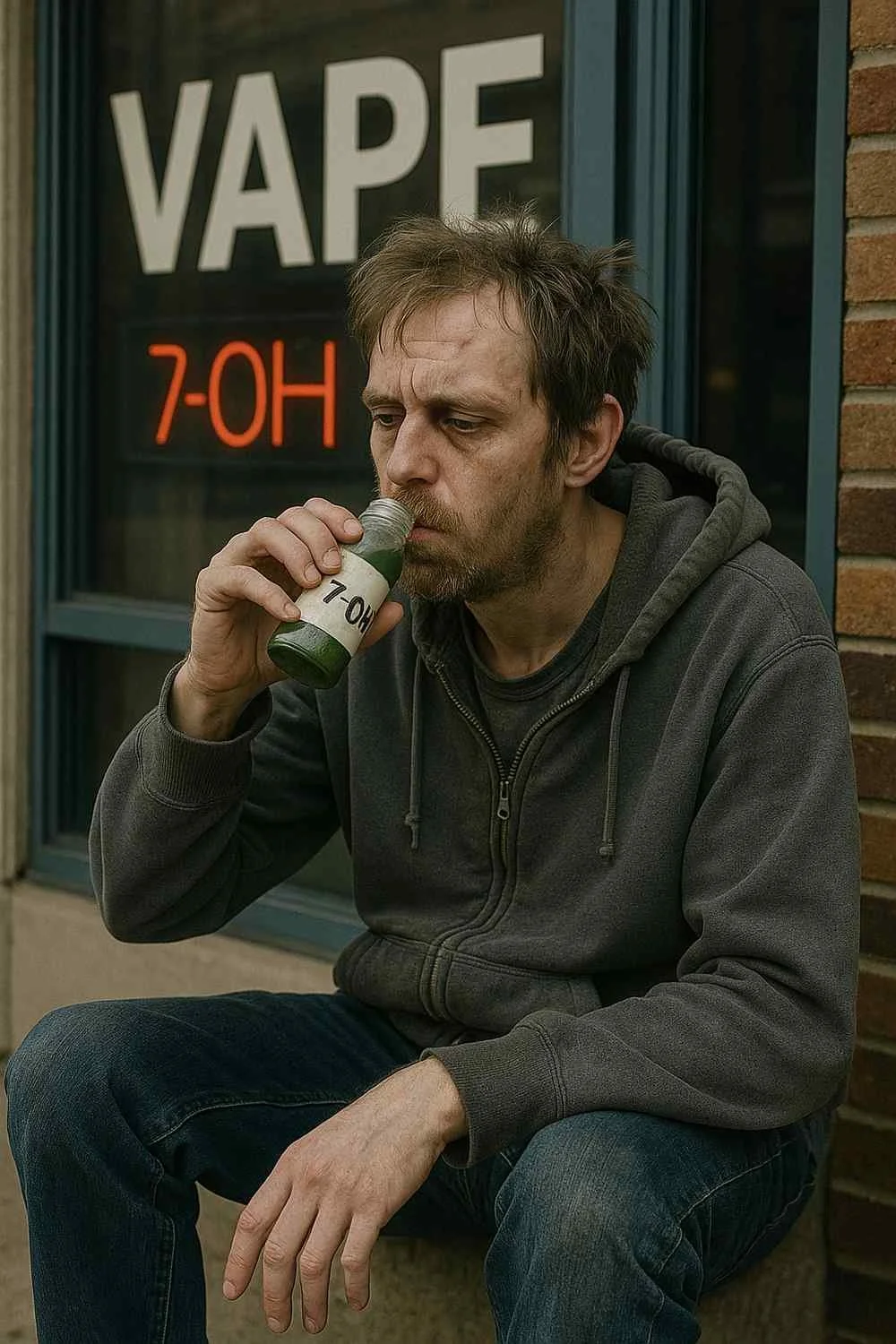 American man consuming a high-potency 7-hydroxymitragynine kratom concentrate outside a vape shop, illustrating unhealthy modern kratom extract use and increased health risks compared to traditional preparations.