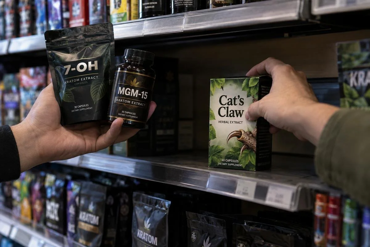 Hands removing 7-OH and MGM-15 products from a retail shelf while placing a Cat’s Claw herbal extract product in their place.