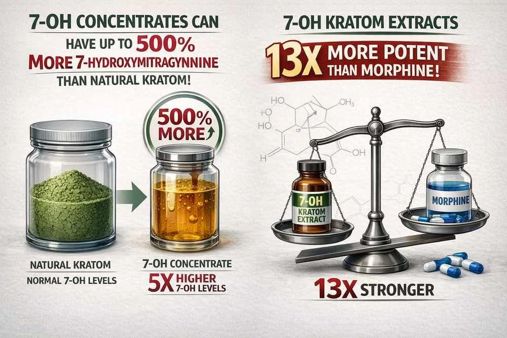 Clinical infographic showing that 7-OH kratom concentrates can contain up to 500 percent more 7-hydroxymitragynine than natural kratom and that 7-OH kratom extracts are up to 13 times more potent than morphine.