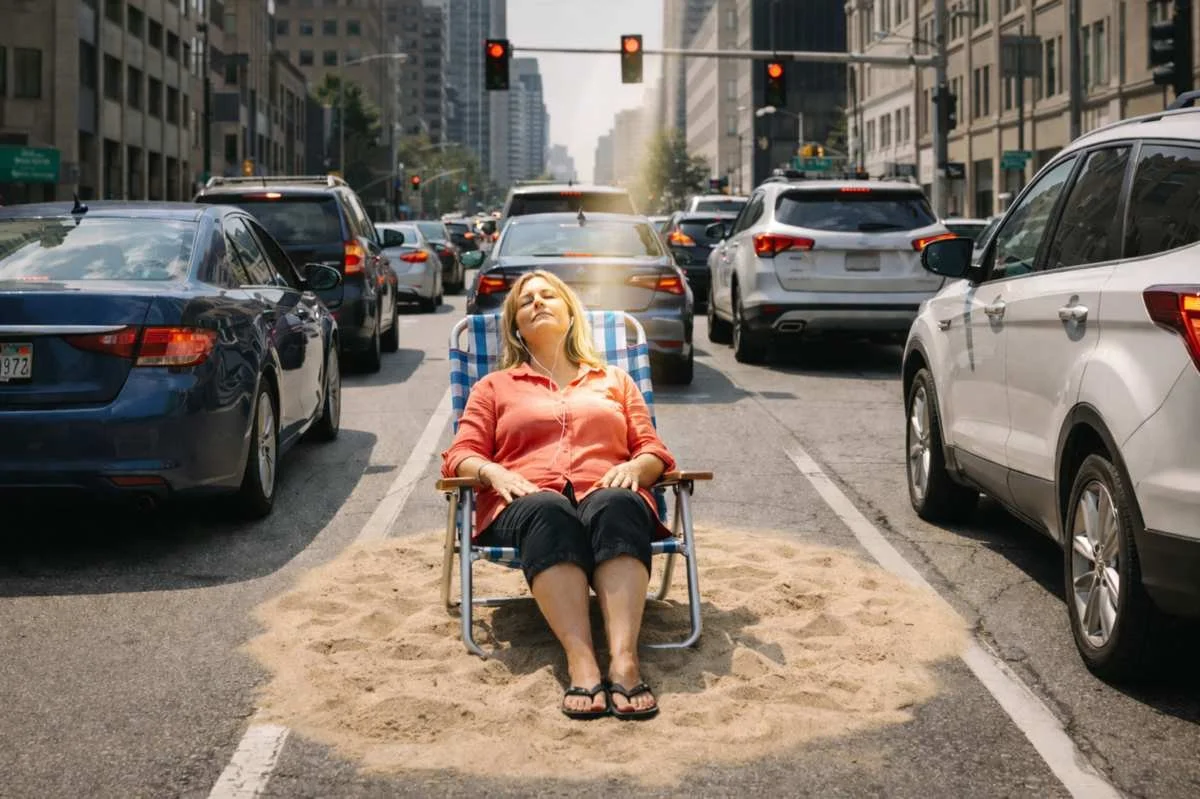 Woman relaxing in a beach chair visualizing a peaceful beach while sitting in traffic, illustrating how music-based guided imagery can reduce stress during a traffic jam.
