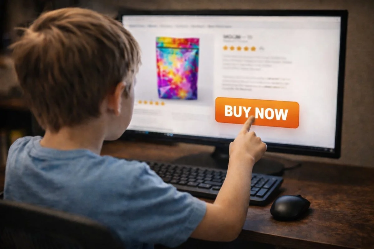 Child using a desktop computer and clicking a large “Buy Now” button on an online shopping website, illustrating risks of online purchasing of MGM-15 and digital access concerns.
