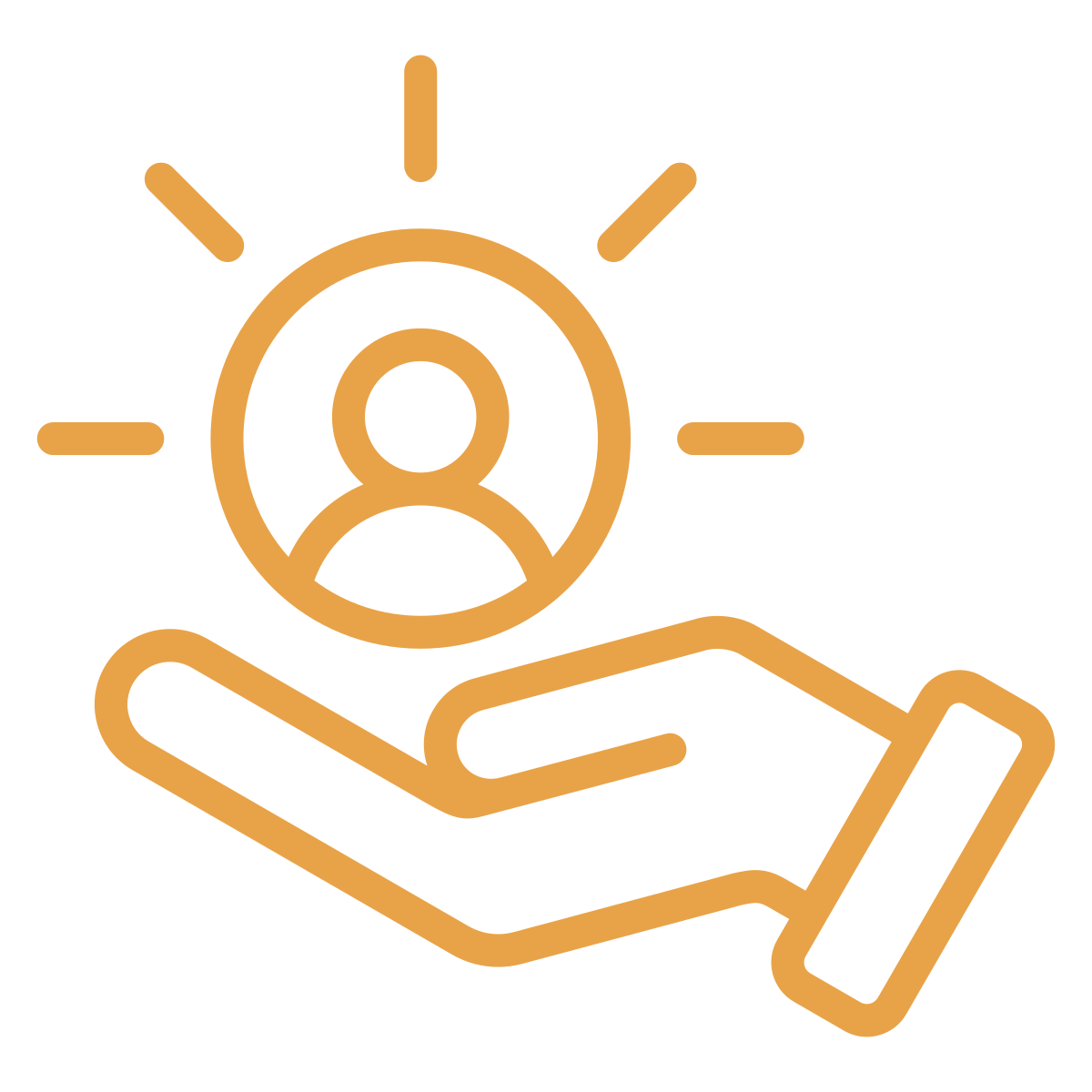 Line drawing of a hand holding a user icon with rays around it.