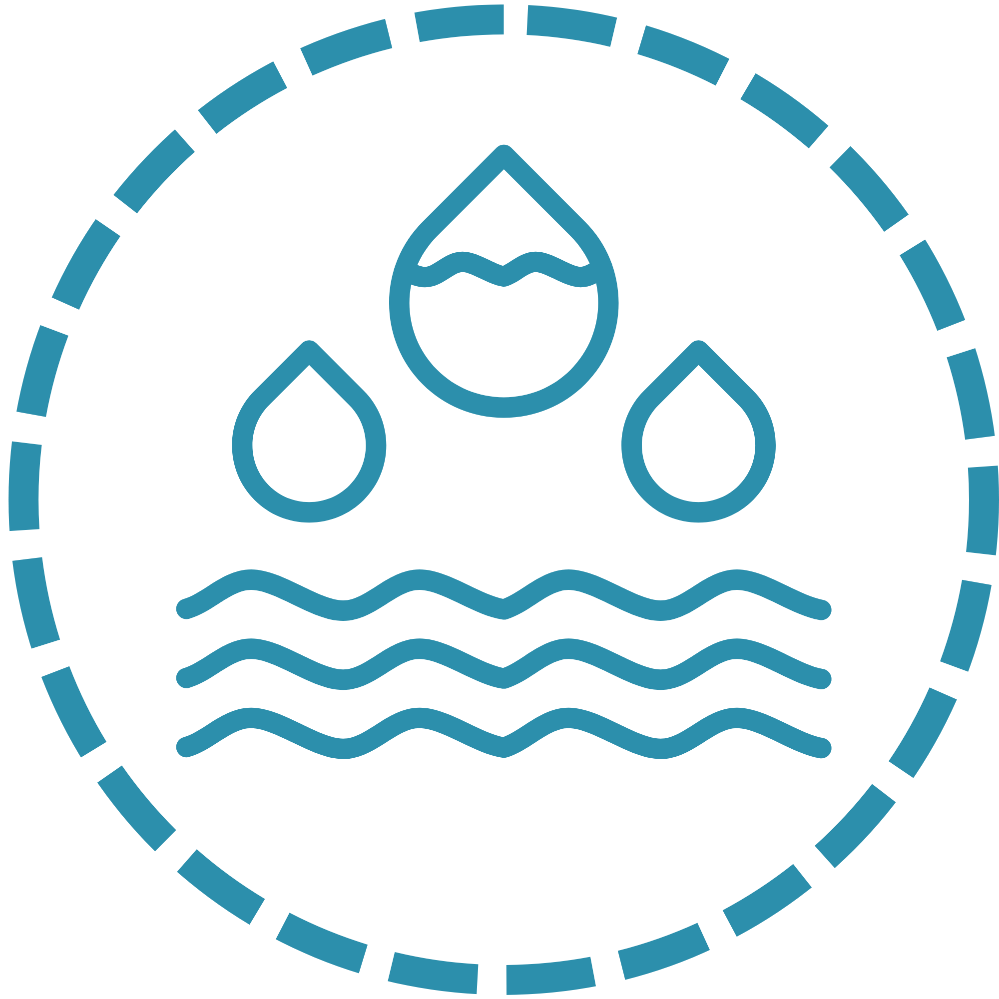 Simple illustration of three water drops enterting water, surrounded by a dotted line.