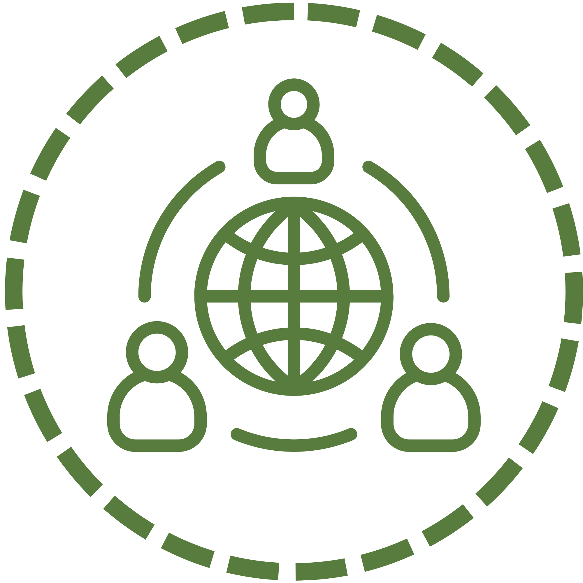 A simple illustration of three people connected around a globe, this is surrounded by a dotted line.